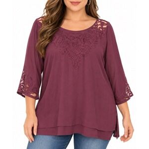 Soft Surroundings Womens Plus 1X Burgundy Paisley Lace Tunic Top Blouse
